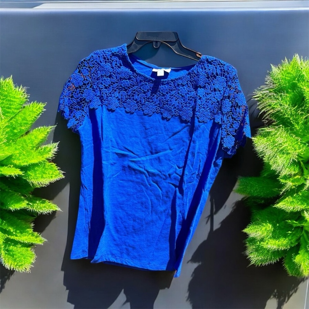 Charter Club Petite Retro Blazing Blue Lacey Floral Knit Sleeves Top Retro